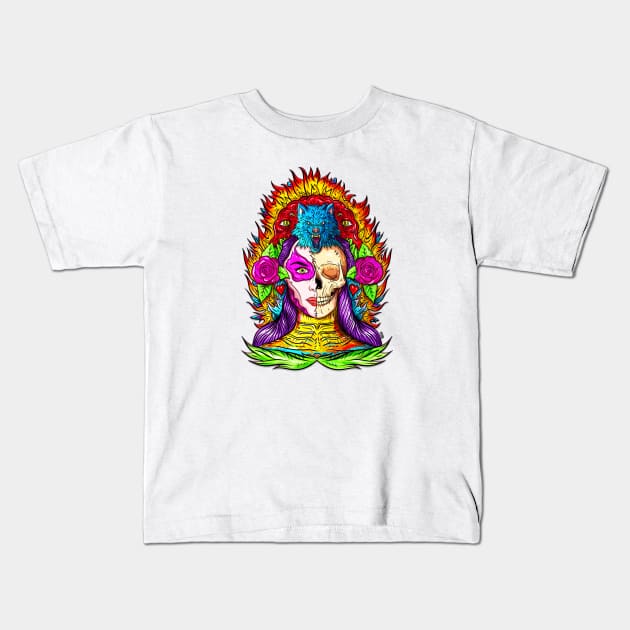 Spiritual Indian Wolf Woman Kids T-Shirt by FerMinem